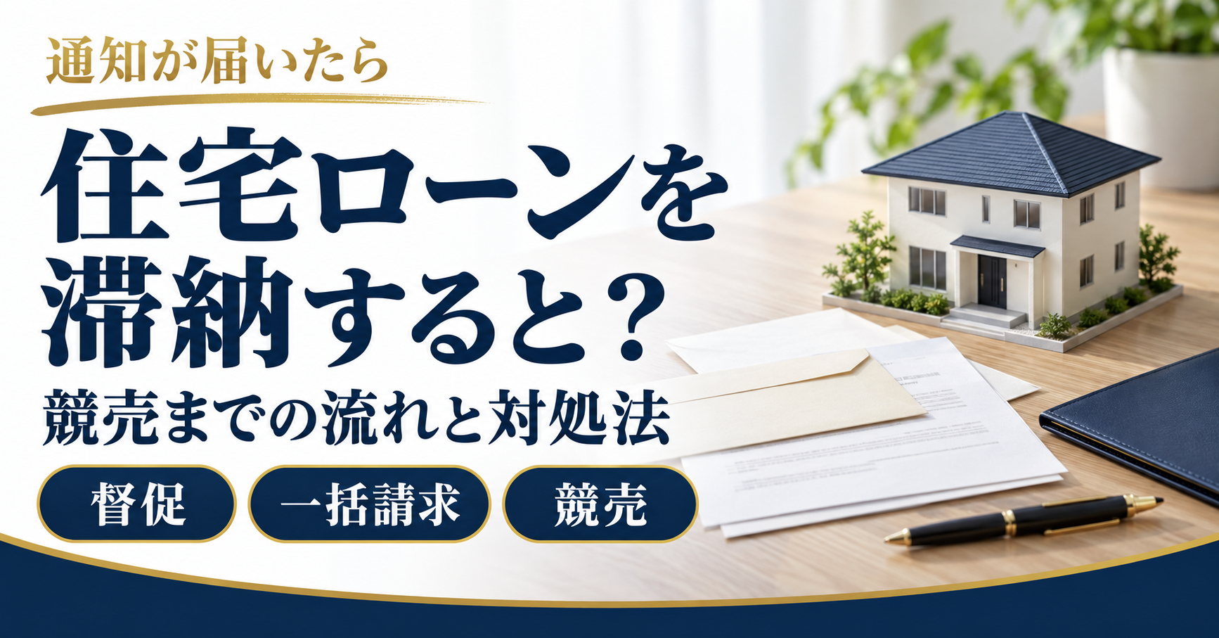 住宅模型と通知書のイメージを背景に、住宅ローン滞納後の督促・一括請求・競売の流れを案内する画像
