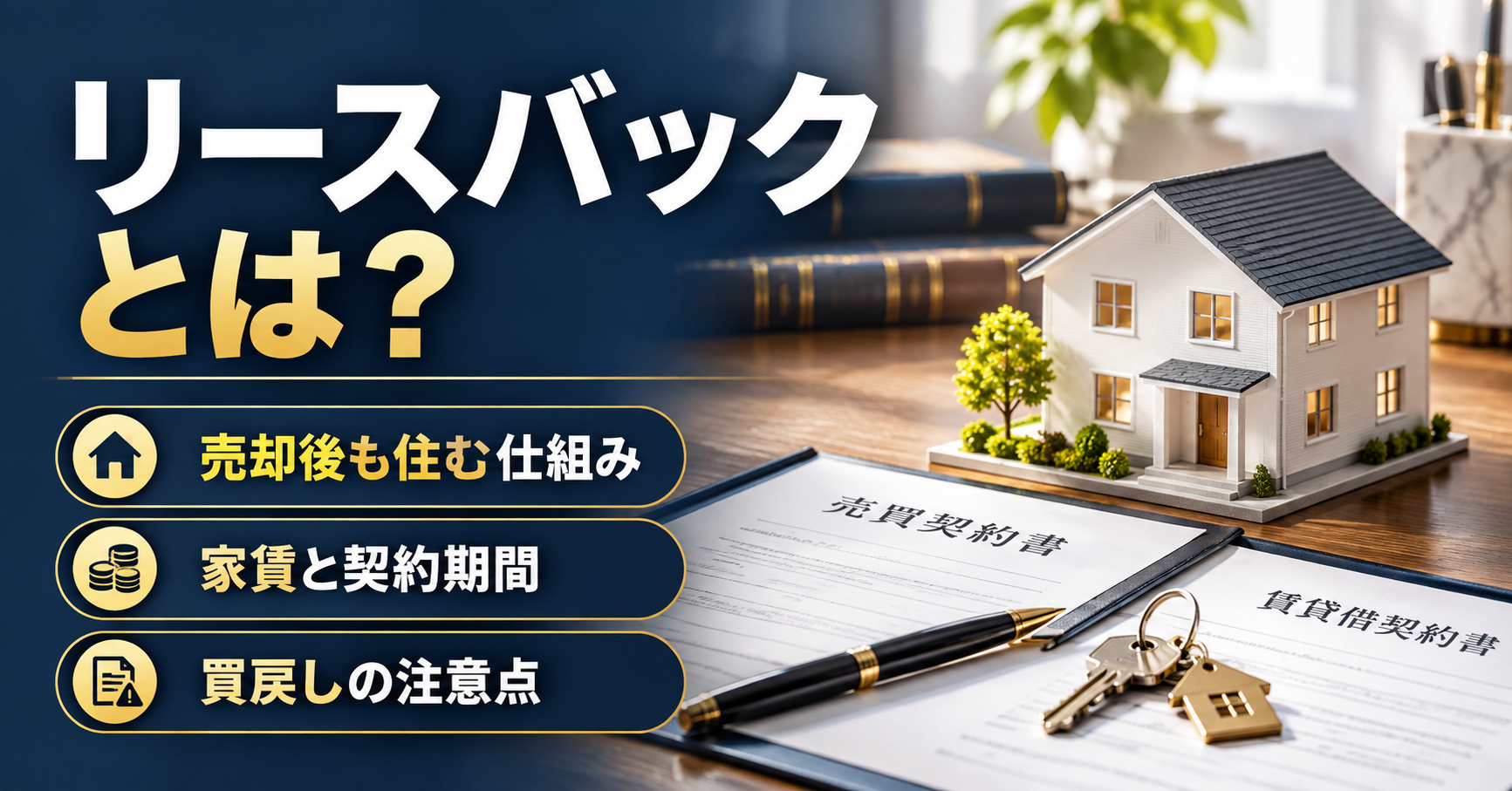 住宅模型と鍵を背景に、リースバックの仕組みと家賃・契約期間・買戻しの注意点を案内する画像