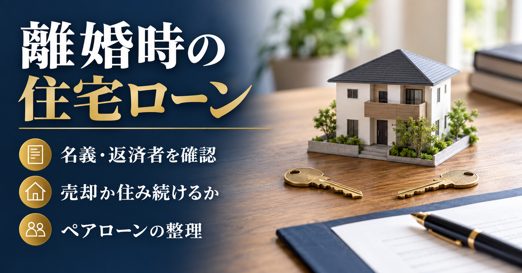 ALT：住宅模型と二つの鍵を背景に、離婚時の住宅ローンと名義変更・ペアローン・売却の選択肢を案内する画像