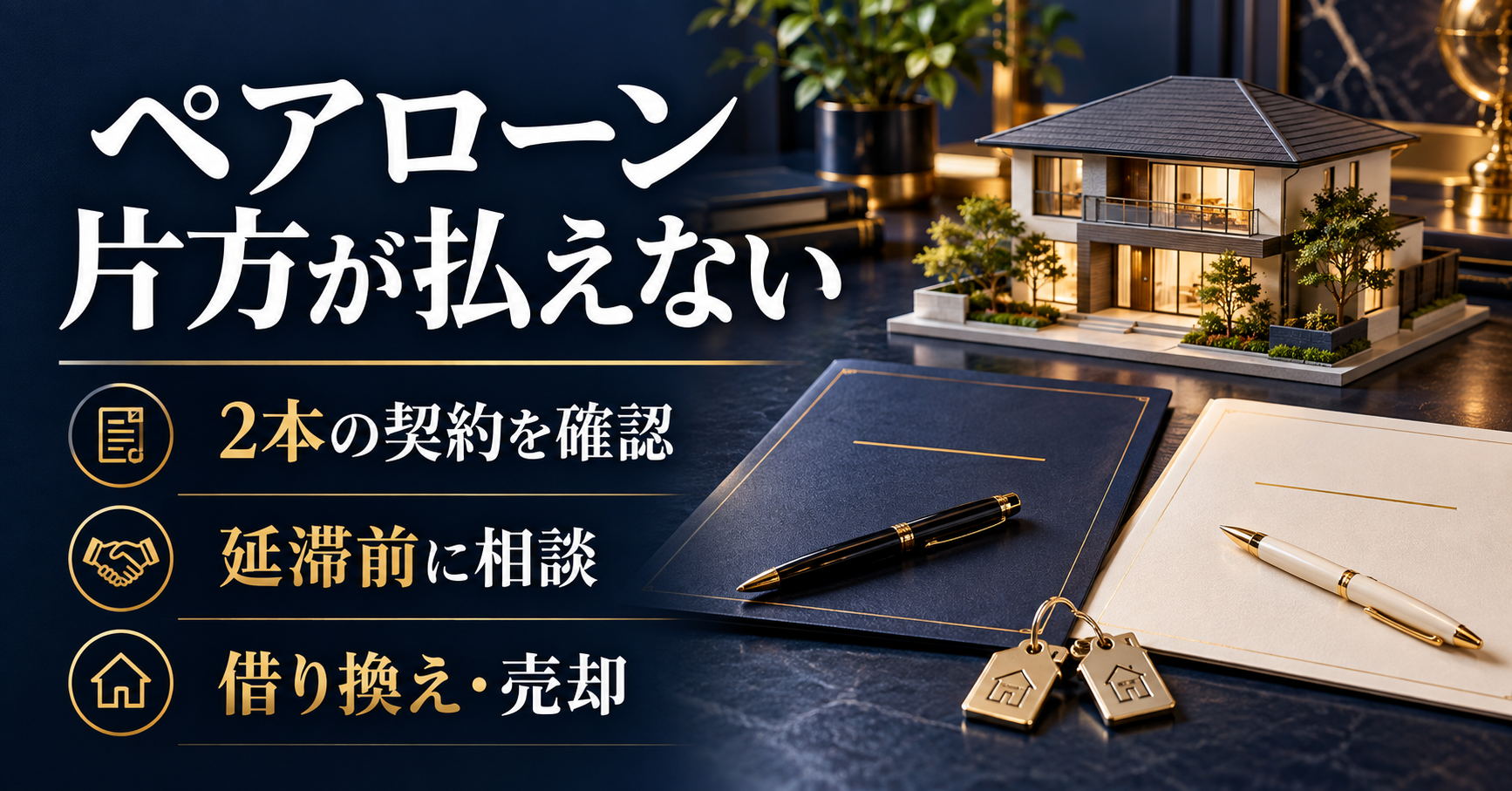住宅模型と2本のローン契約書を背景に、ペアローンで片方が払えないときの対処法を案内する画像