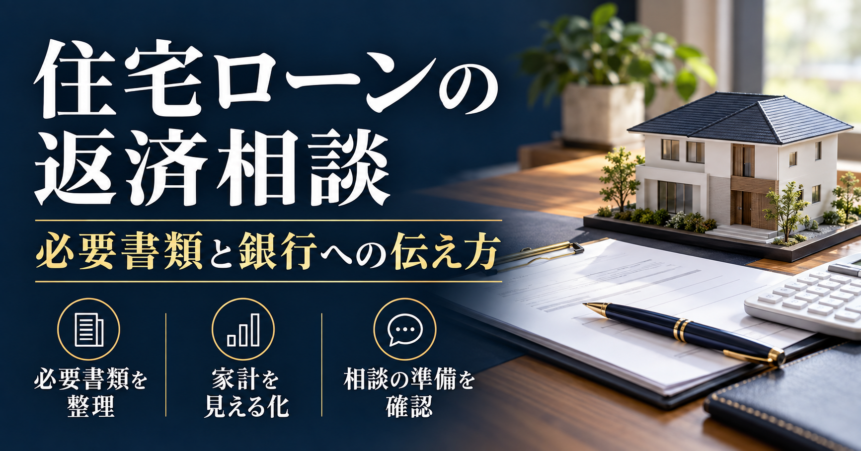 住宅模型と相談書類を背景に、住宅ローンの返済相談に向けた必要書類・家計整理・相談準備の3点を示した画像