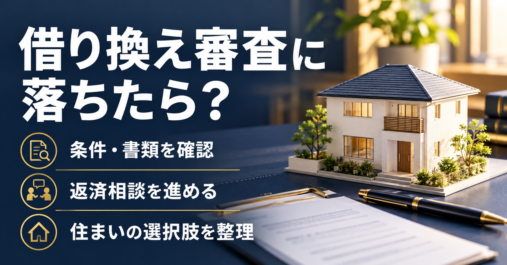 住宅模型と確認書類を背景に、借り換え審査後の条件確認・返済相談・住まいの見直しを示す画像