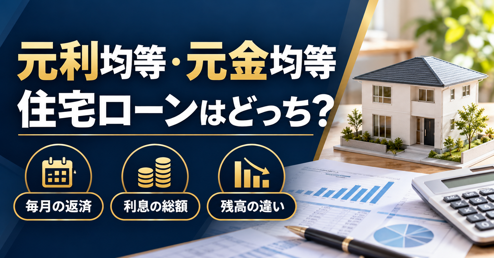 住宅模型と比較資料を背景に、元利均等返済と元金均等返済を月々の返済・利息総額・残高で比較する画像