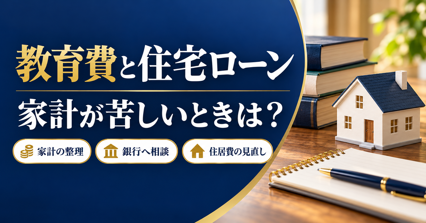 住宅模型と学習用の本を背景に、教育費と住宅ローンについて家計の整理・銀行へ相談・住居費の見直しを示す画像