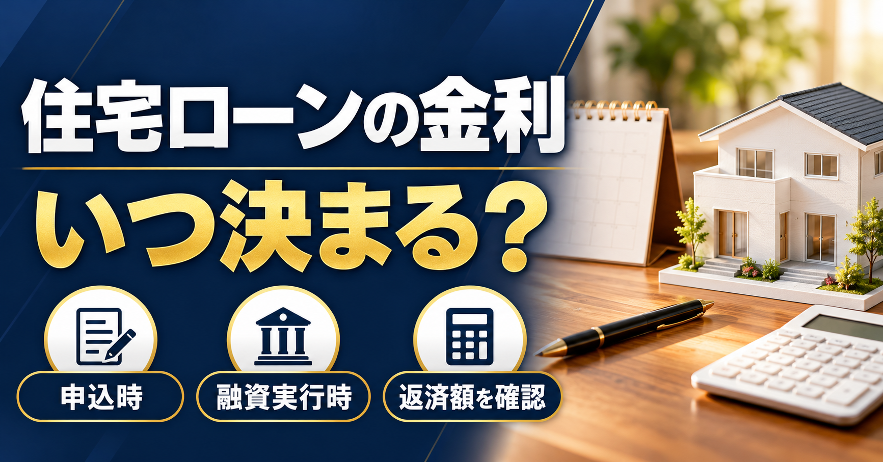 住宅模型とカレンダーを背景に、住宅ローン金利の決定時期を申込時・融資実行時・返済額で確認する画像