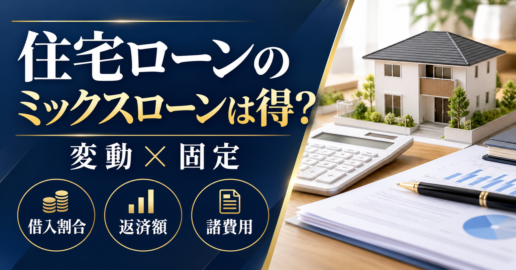 住宅模型と電卓を背景に、住宅ローンのミックスローンを変動と固定の割合・返済額・諸費用で比較する画像