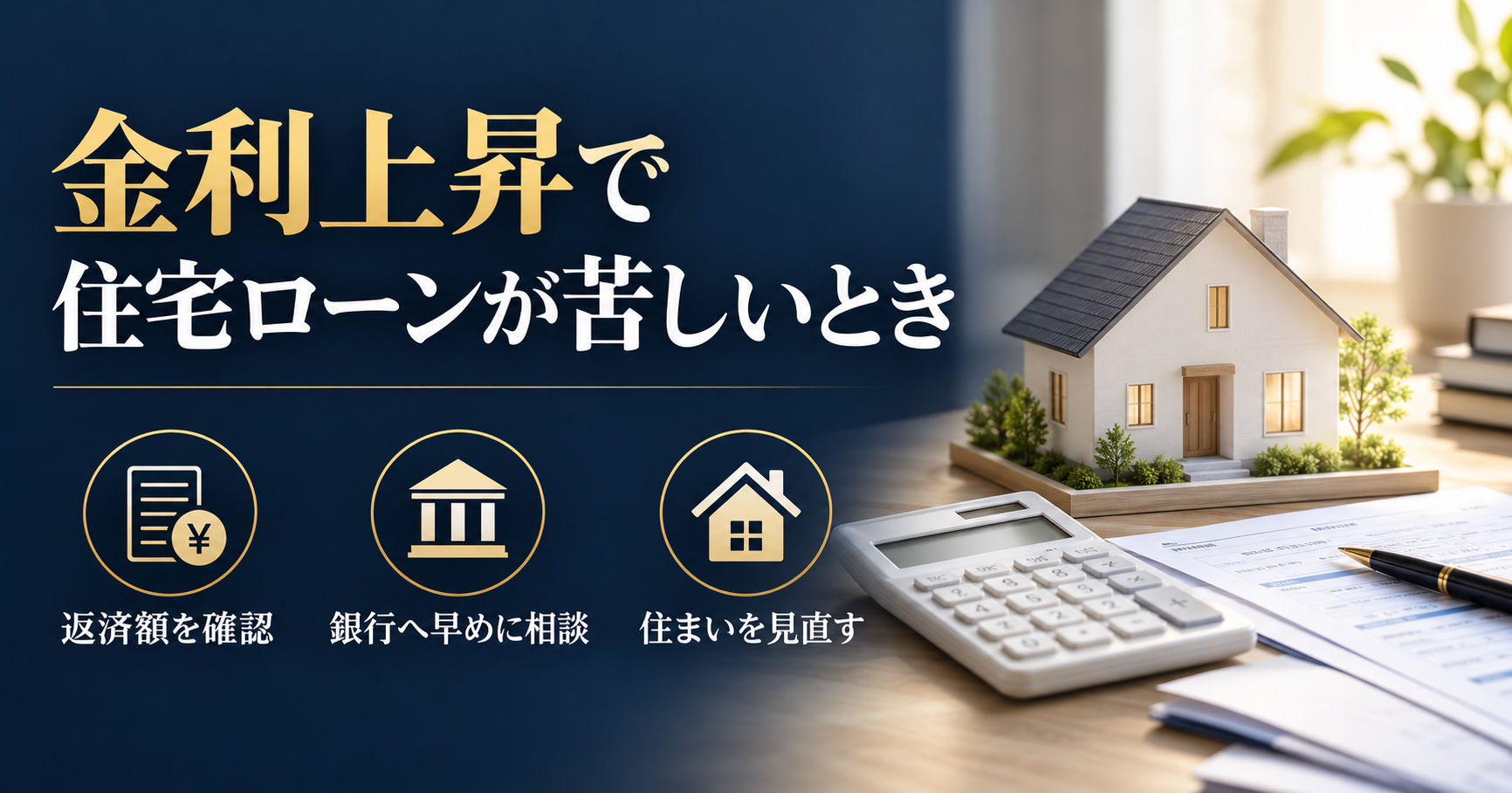 住宅模型と電卓を背景に、金利上昇で住宅ローン返済が苦しいときの返済額確認・銀行相談・住まいの見直しを示す画像