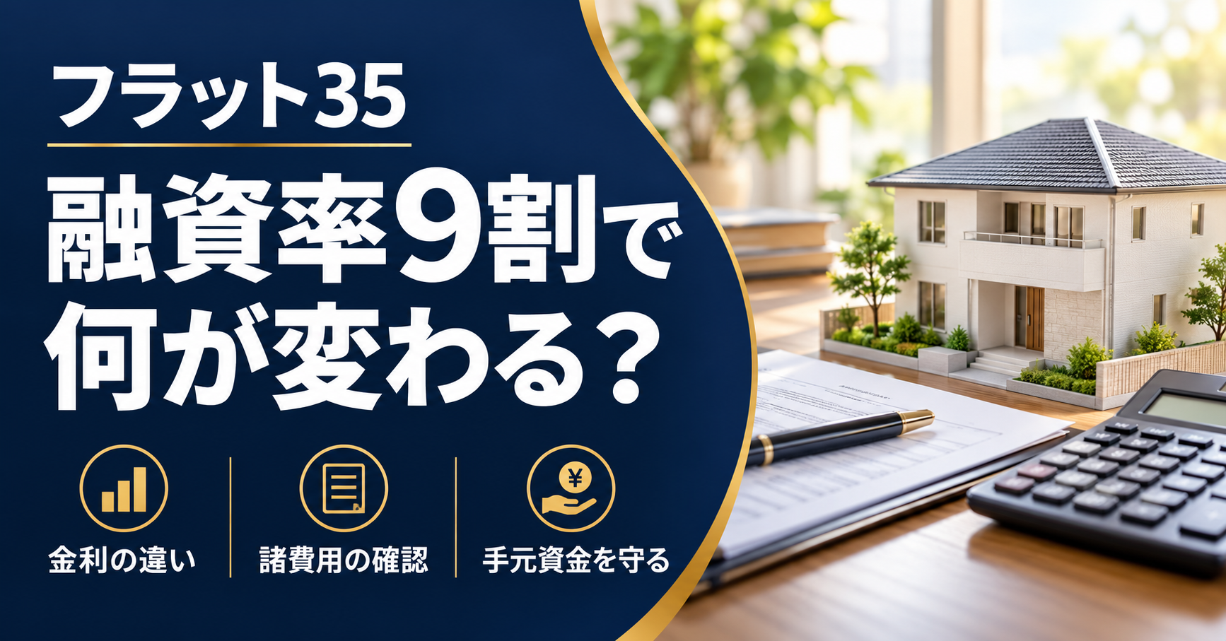 住宅模型と電卓を背景に、フラット35の融資率9割における金利の違い・諸費用の確認・手元資金の確保を示す画像
