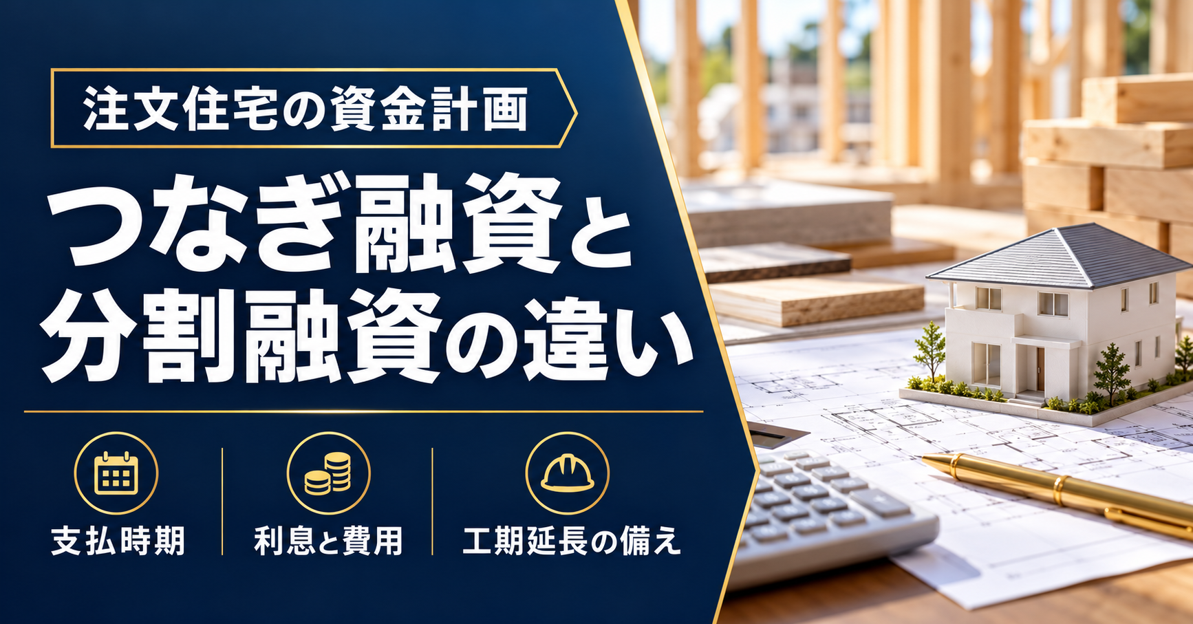 住宅模型と設計図を背景に、つなぎ融資と分割融資の支払時期・利息と費用・工期延長への備えを示す画像