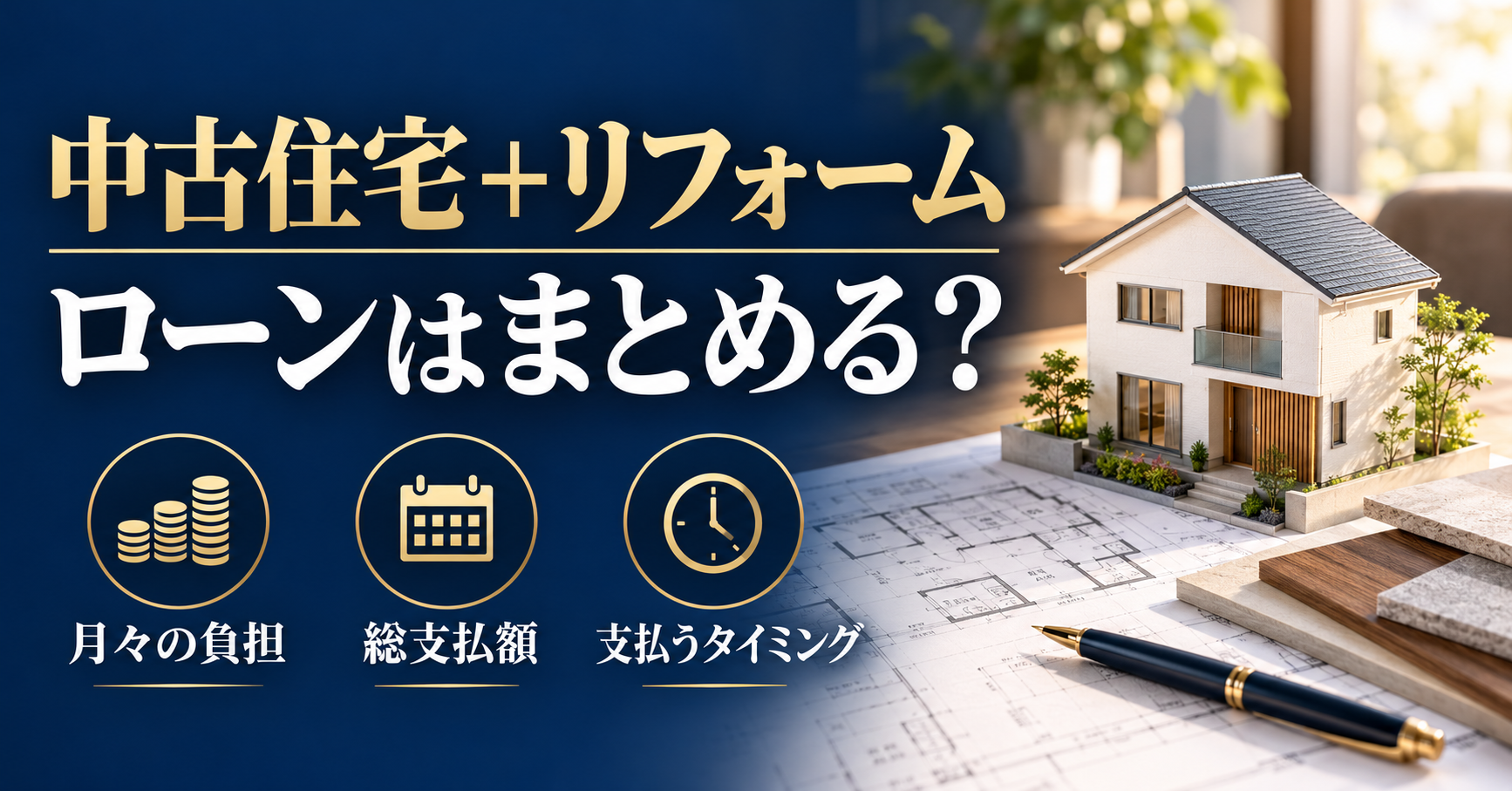 住宅模型とリフォームの設計図を背景に、購入と工事のローンを月々の負担・総支払額・支払時期で比較する画像