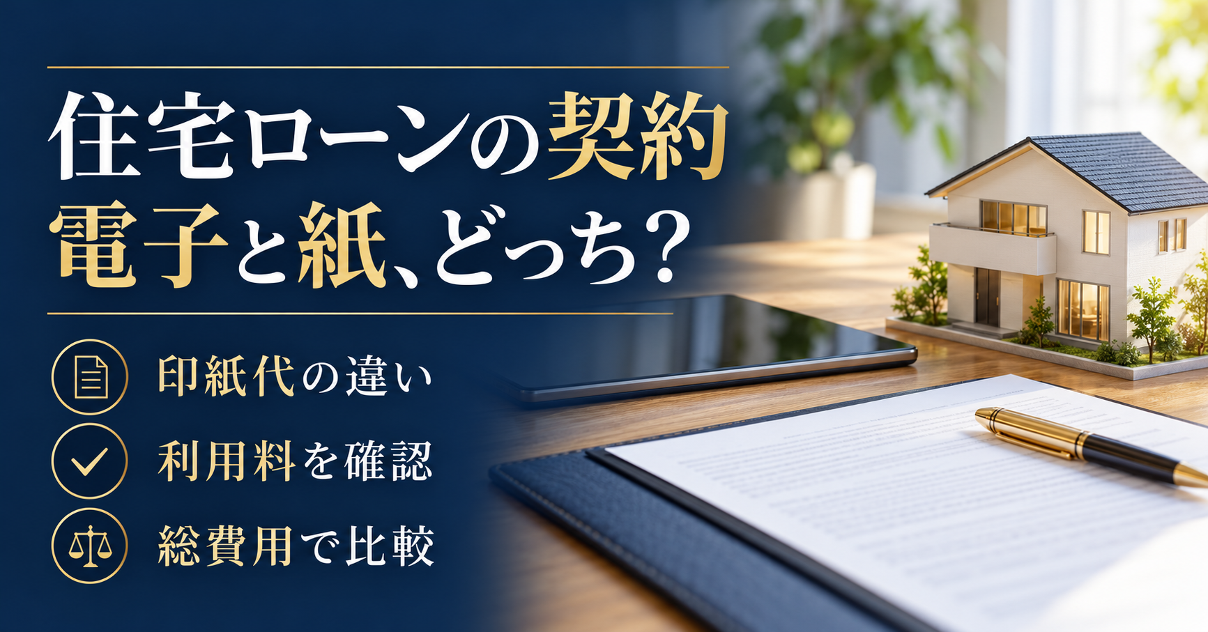住宅模型とタブレット、紙の契約書を背景に、住宅ローンの電子契約と紙契約を印紙代・利用料・手続きで比較する画像